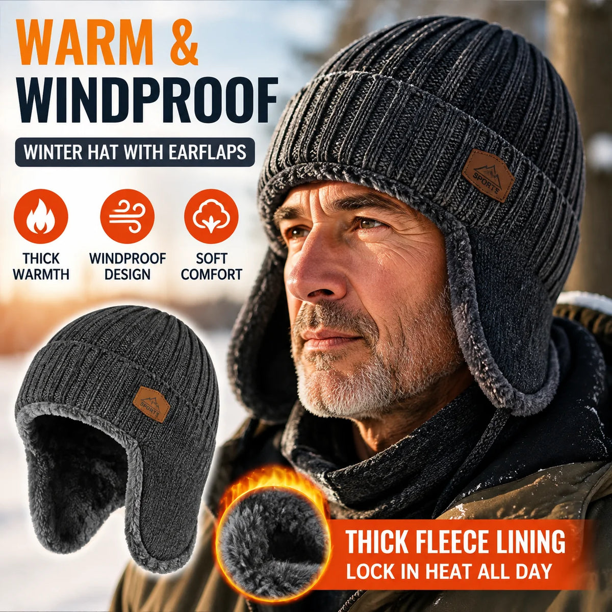 Men's Thick Knit Beanie with Earflaps – Warm Winter Hat Knit Winter Beanie PLUSH