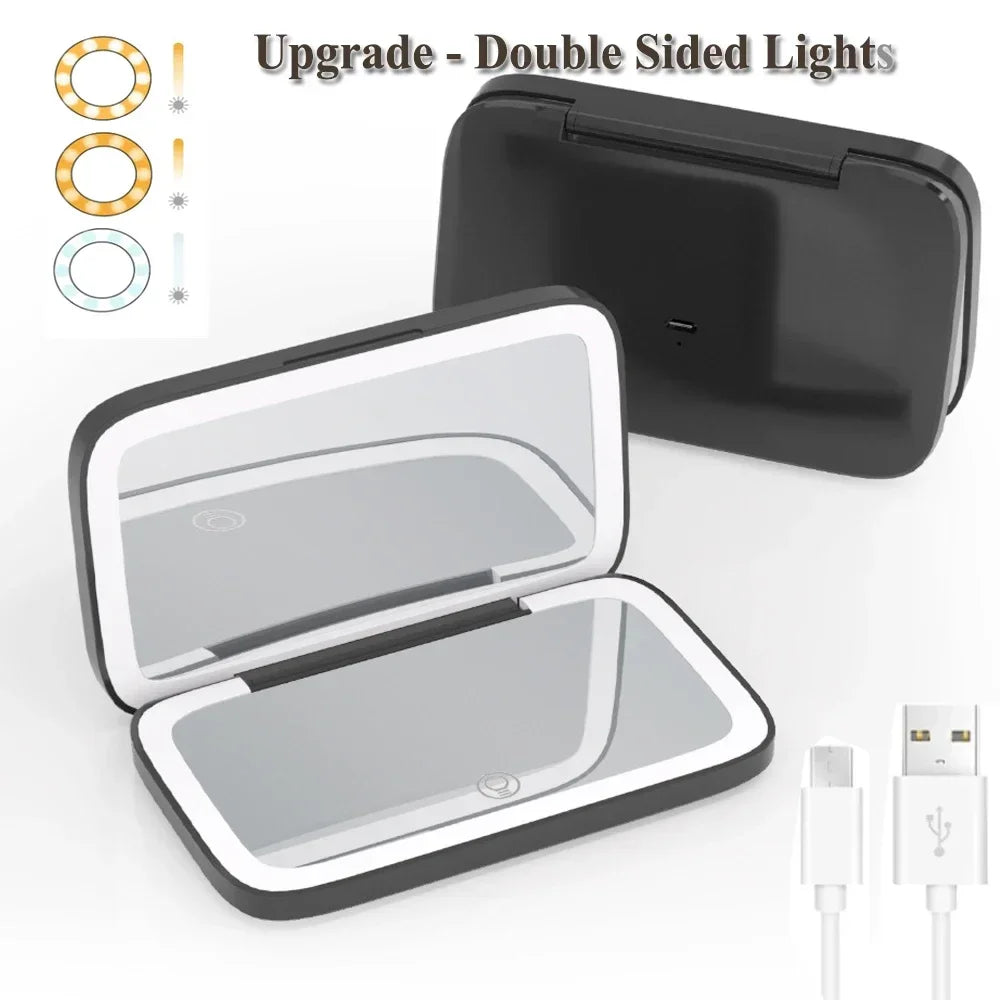 LED Compact Makeup Mirror 1x/5x Magnification Rechargeable Lighted Makeup Mirror PLUSH Double Lamp Black
