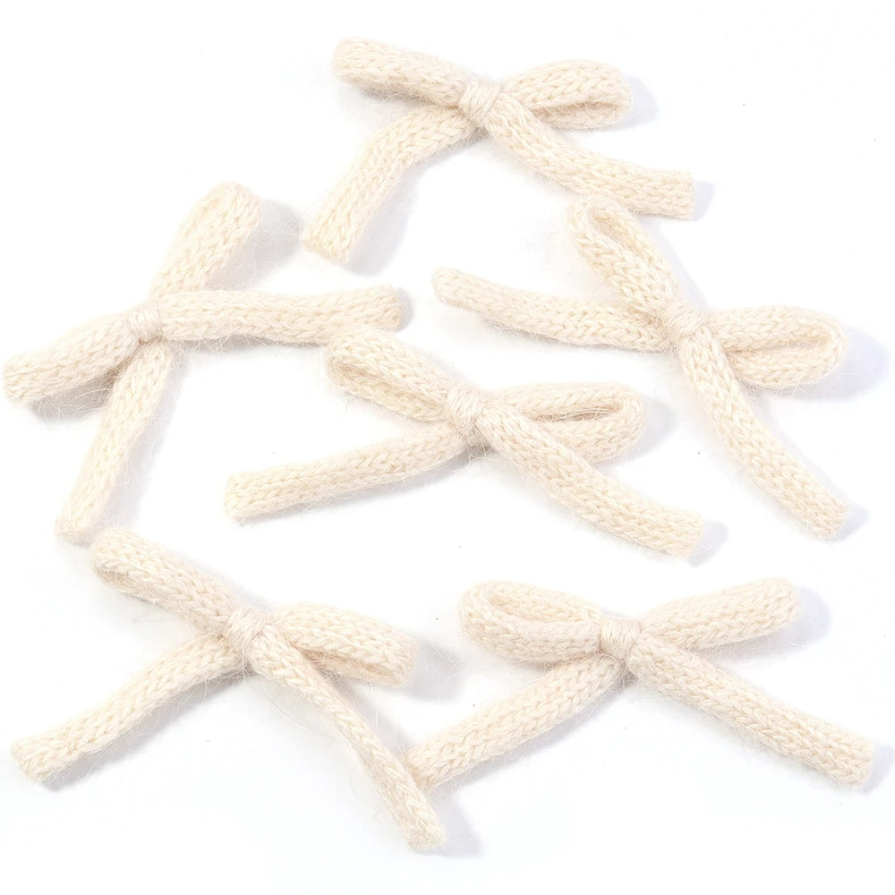 6pcs Handmade Knitted Wool Bows 5x7cm – Colorful Craft Bowknots Craft Bow Embellishments PLUSH Beige