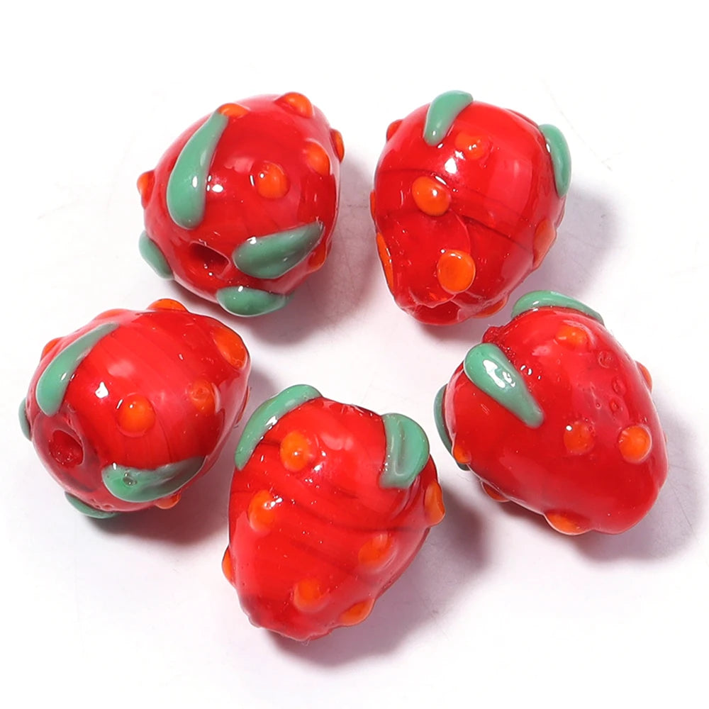 5pcs Strawberry Glass Lampwork Beads | Czech Crystal DIY Jewelry Glass Lampwork Beads PLUSH red orange