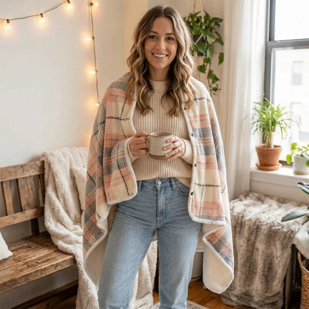 Flannel Wearable Blanket Shawl | Plaid Throw Button Closure Wearable Shawl Blanket PLUSH