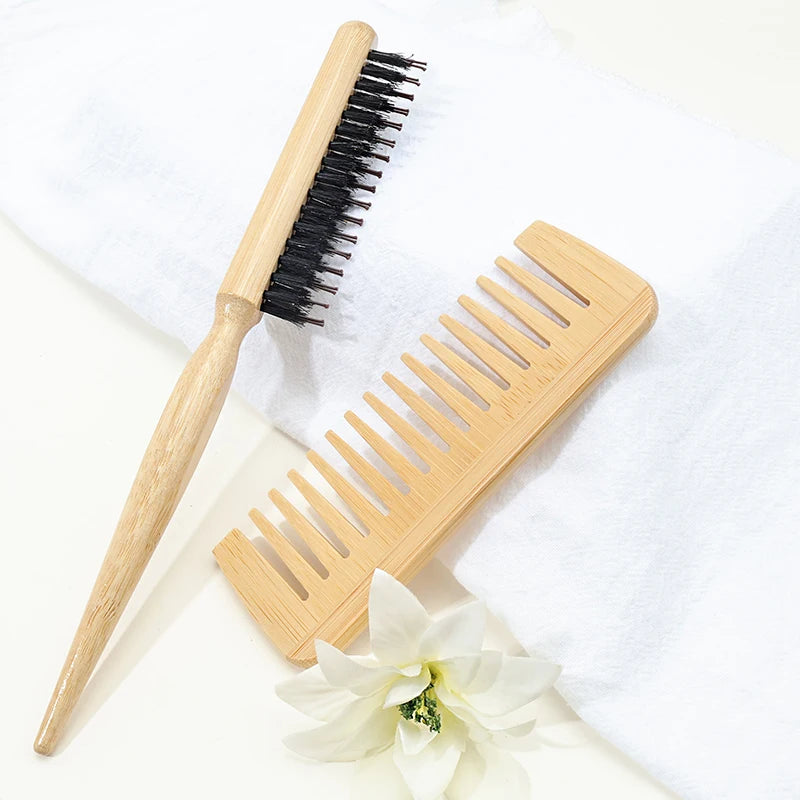 Three-Row Styling Brush & Natural Bamboo Comb Set – All Hair Hair Brush & Comb Set PLUSH 2pcs