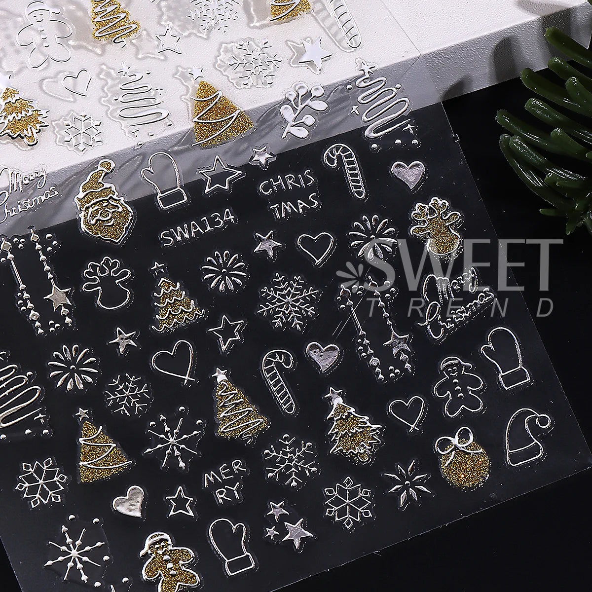 Christmas 3D Nail Stickers Gold Silver Glitter Xmas Decals 2pcs Nail Art Stickers PLUSH