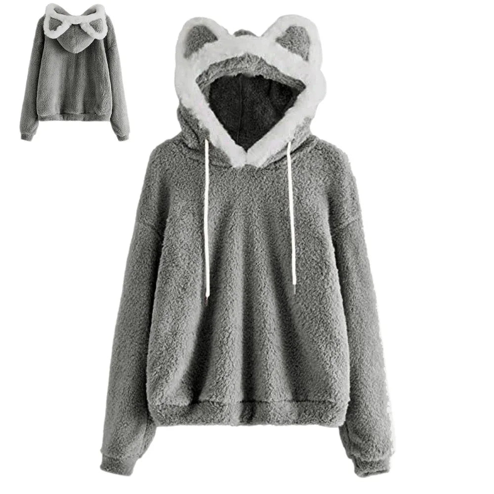 Women's Cat Bear Ear Plush Fleece Hoodie – Fuzzy Pullover Fleece Hoodie PLUSH Grey XXL