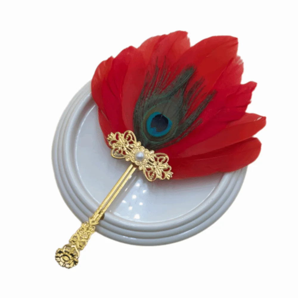 Peacock Feather Hand Fan – Vintage Dance & Photo Prop Decorative Hand Fan PLUSH Red