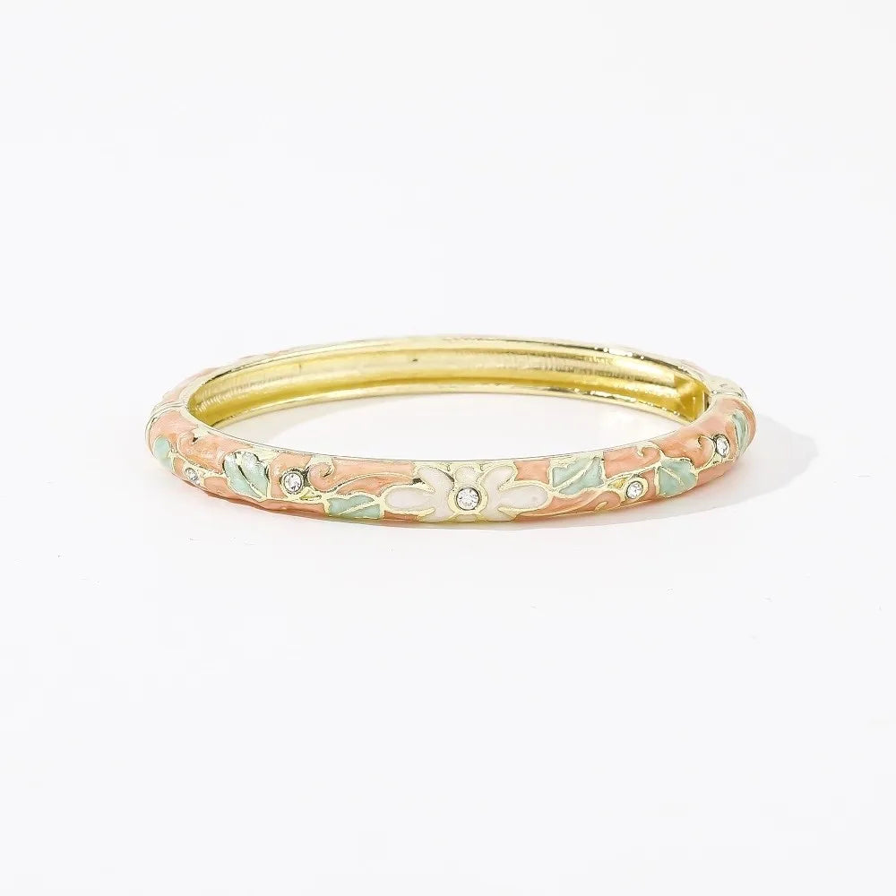 Enamel Cloisonné Bangle – Vintage Chinese Flower Bracelet Enamel Bangle PLUSH Champagne White