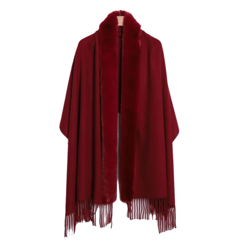 Women's Oversized Faux Fur Collar Shawl Wrap Cape Poncho Faux Fur Shawl Wrap PLUSH Dark Red