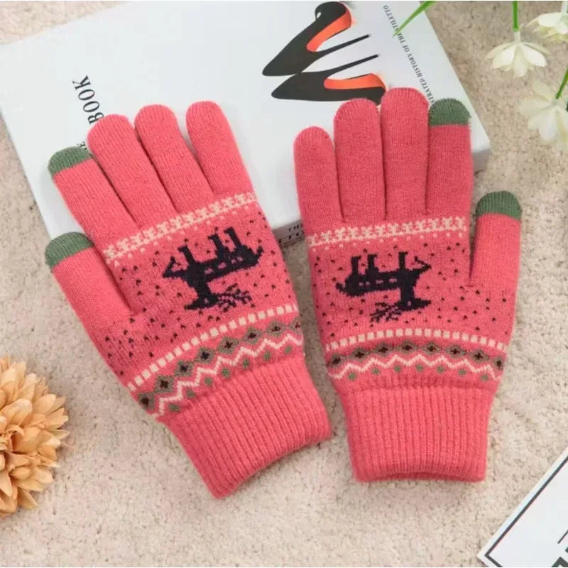 Winter Knitted Cashmere Gloves – Christmas Deer Touch Screen Winter Knitted Gloves PLUSH red 5pairs