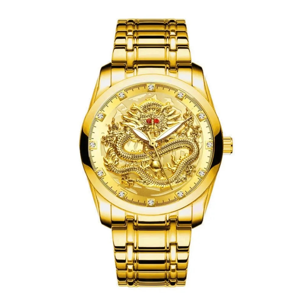 Men's Dragon Pattern Quartz Watch – Luminous Dial & Calendar Men's Quartz Watch PLUSH Gold