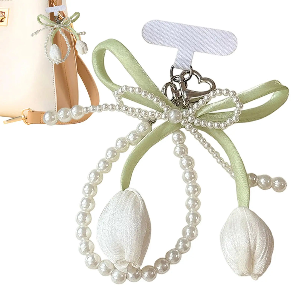 Tulip Beaded Phone Charm Bowknot Pearl Wrist Strap Keychain Phone Charm Keychain PLUSH