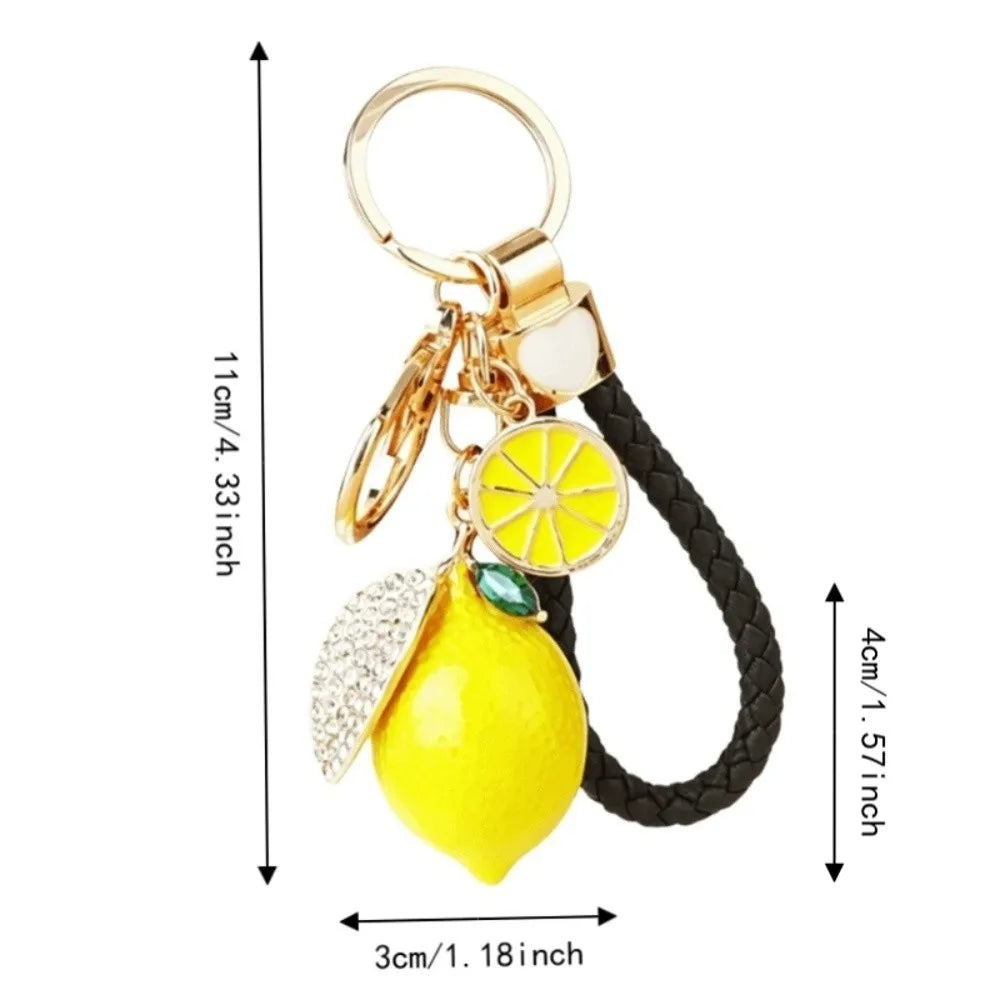 Lemon Keychain Rhinestone Leaf Charm & Braided Rope Strap Fashion Keychain PLUSH