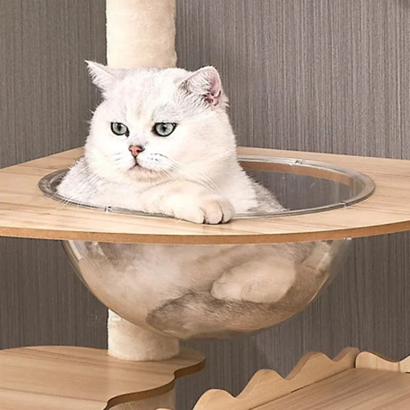 Large Wooden Cat Tree Space Pod Multi-Level Tower & Scratching Cat Tree Tower PLUSH