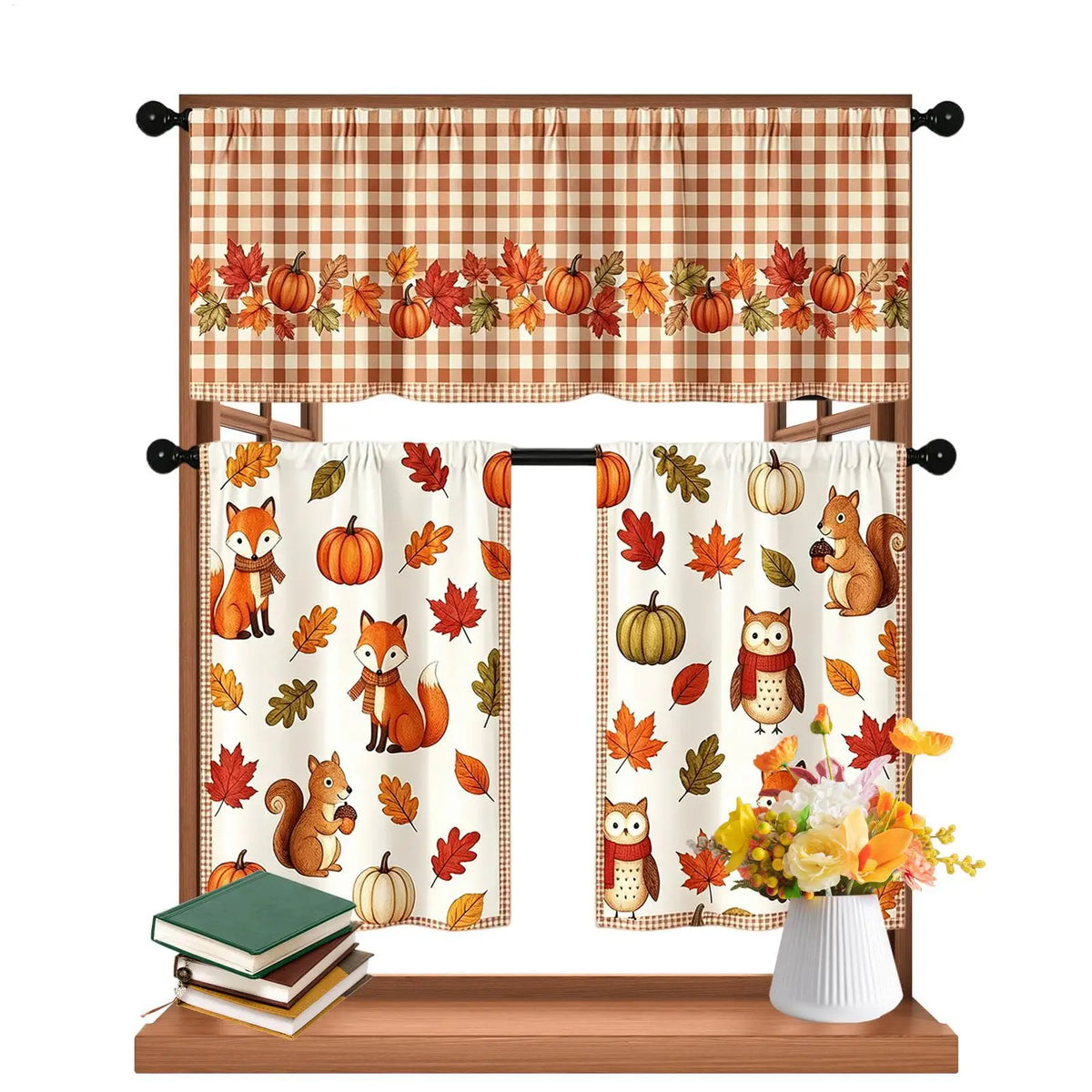 3-Piece Autumn Leaves Kitchen Curtain Set | Fall Window Decor Kitchen Curtain Set PLUSH