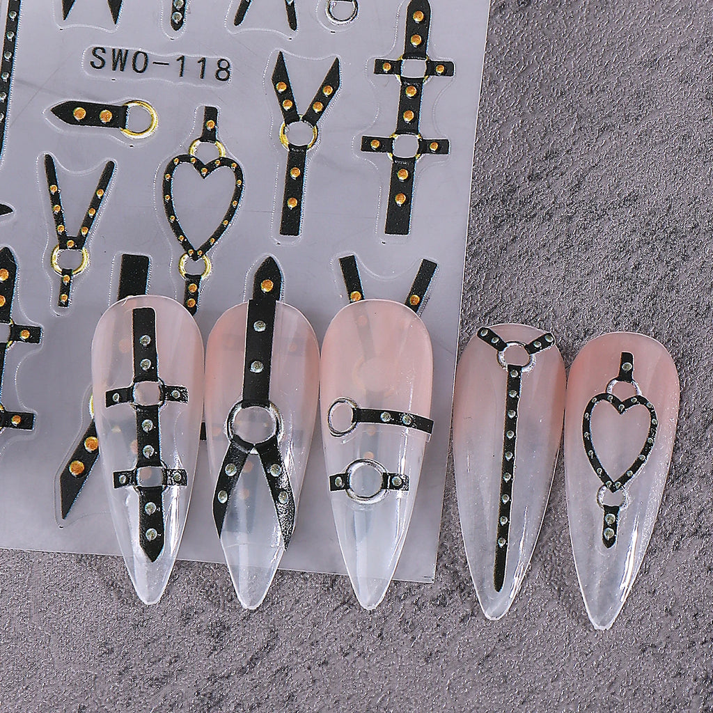 3D Matte Black Punk Belt Nail Stickers Gold Silver Decals 2pcs Nail Art Stickers PLUSH