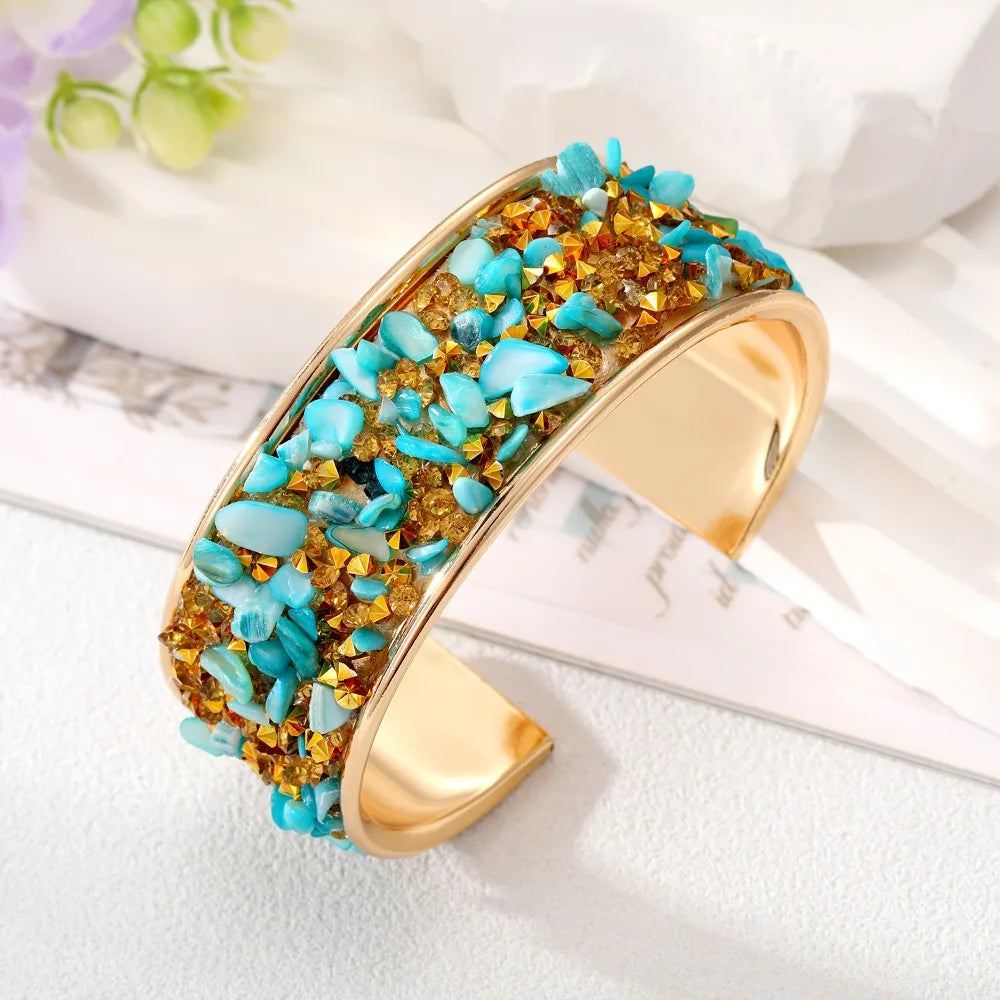 Bohemian Wide Open Cuff Bangle – Rhinestone Stone Bracelet Cuff Bangle Bracelet PLUSH Blue