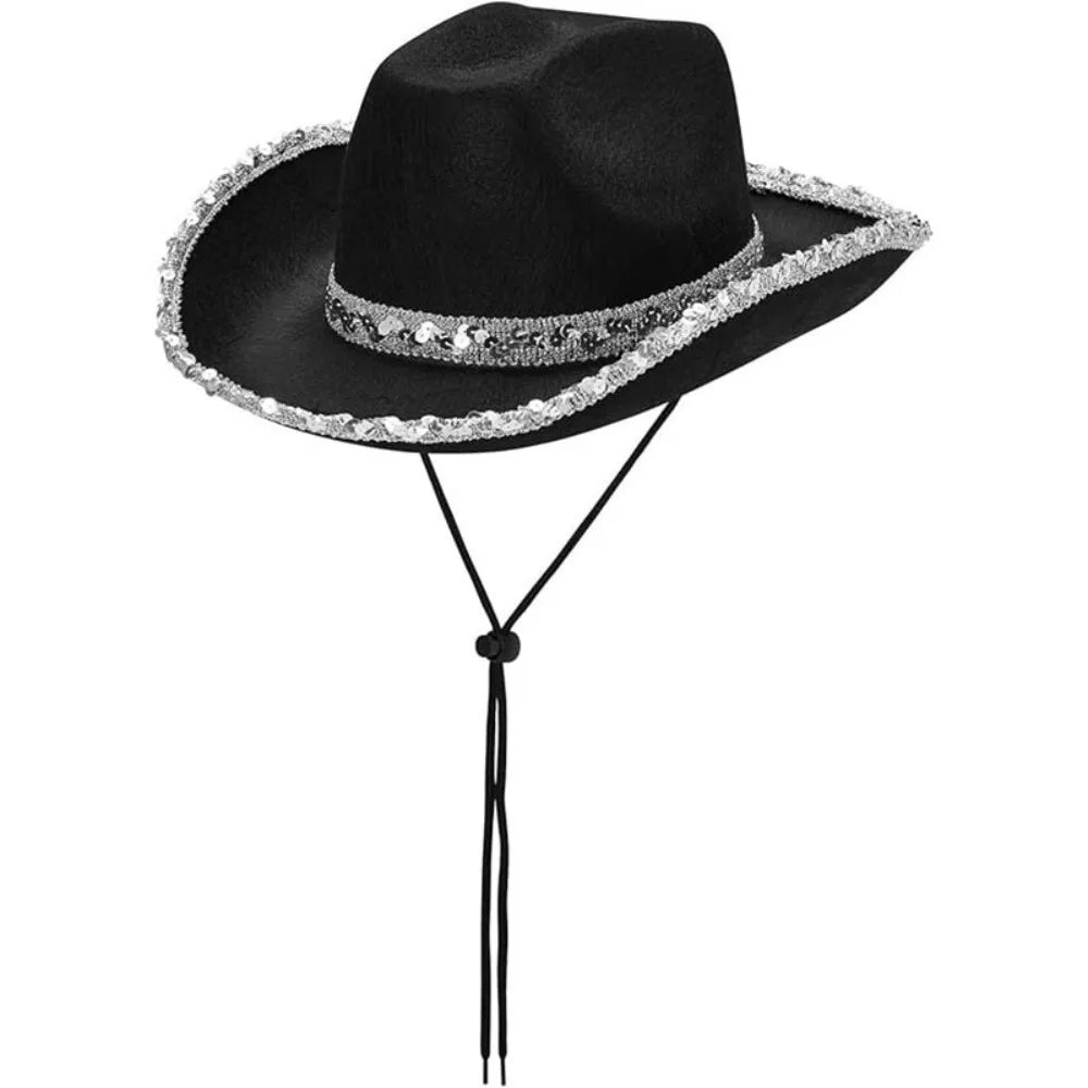 Wide Brim Sequin Cowgirl Hat – Furry Trim Western Style Western Cowgirl Hat PLUSH Style A Black
