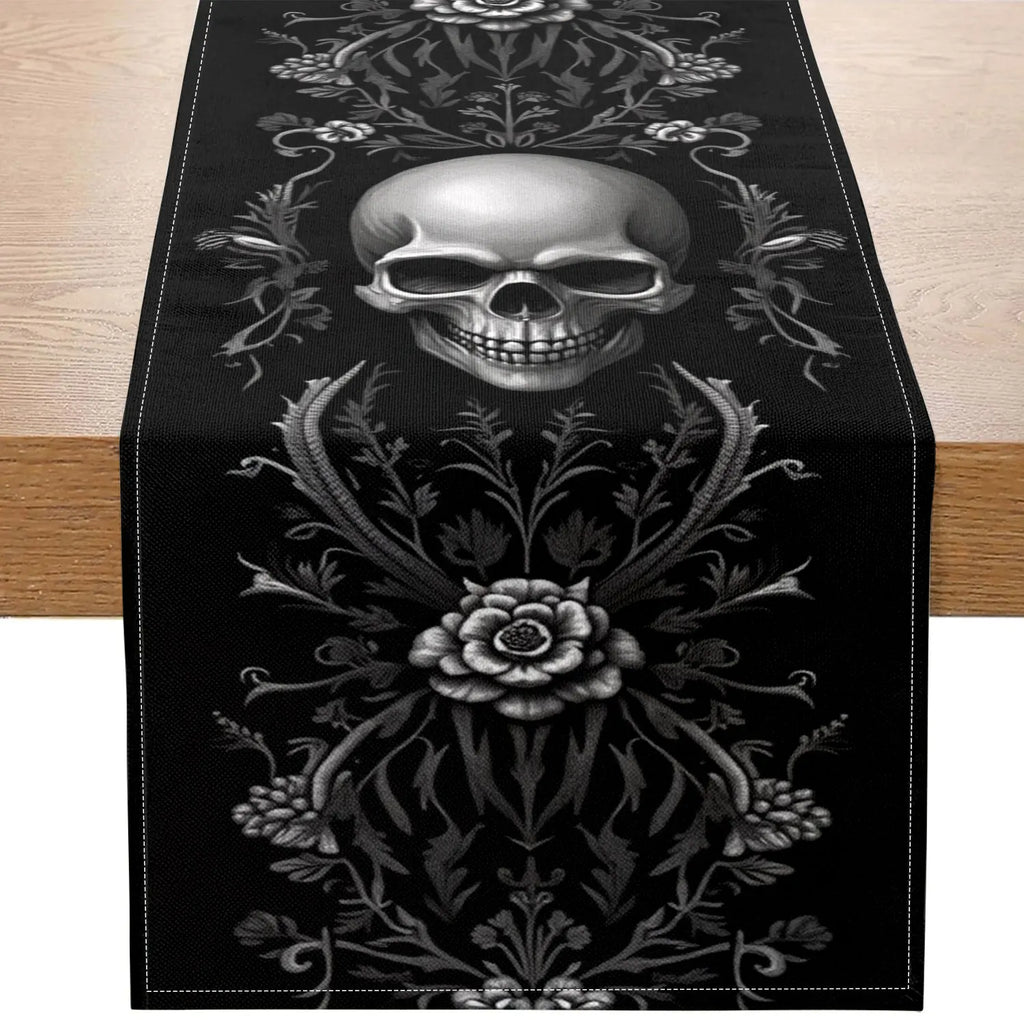 Halloween Skull Floral Table Runner – 100% Polyester Halloween Table Runner PLUSH A 33X90Cm