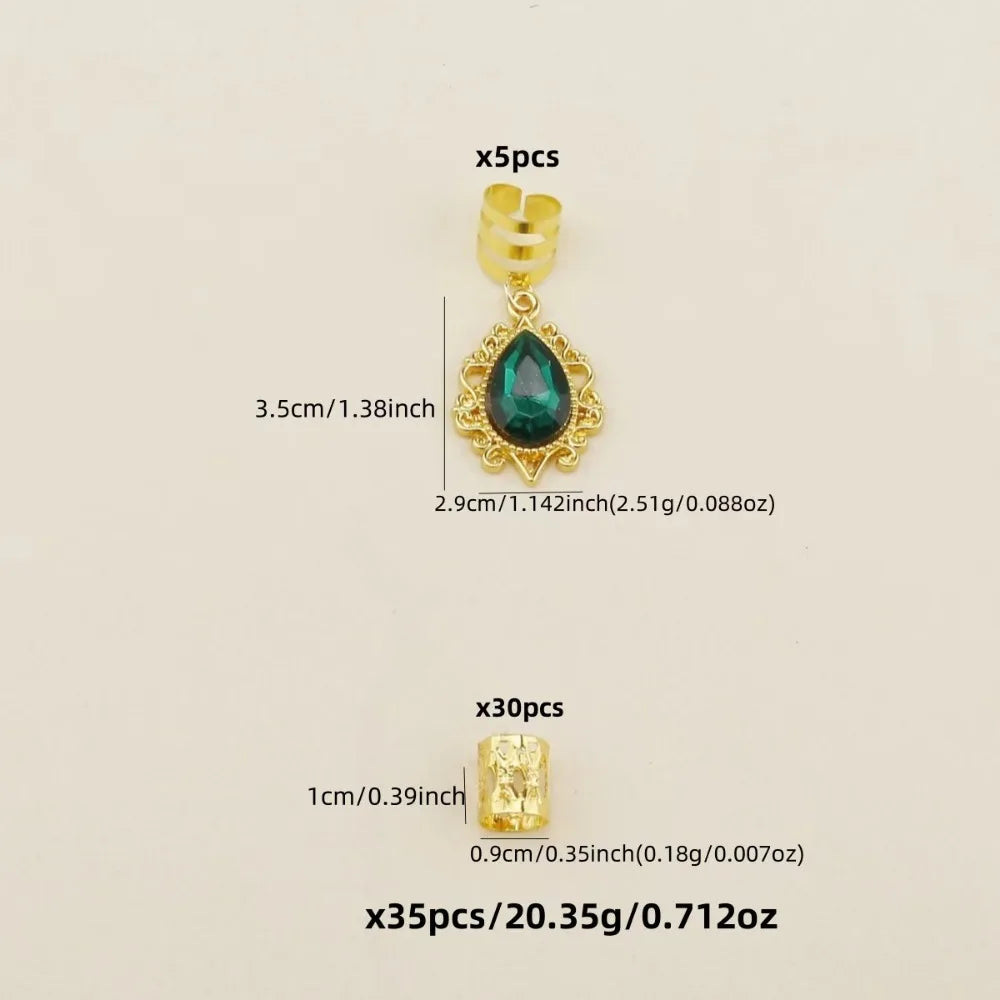 35pcs Emerald Rhinestone Teardrop Dreadlock Beads Filigree Alloy Hair Dreadlock Beads PLUSH