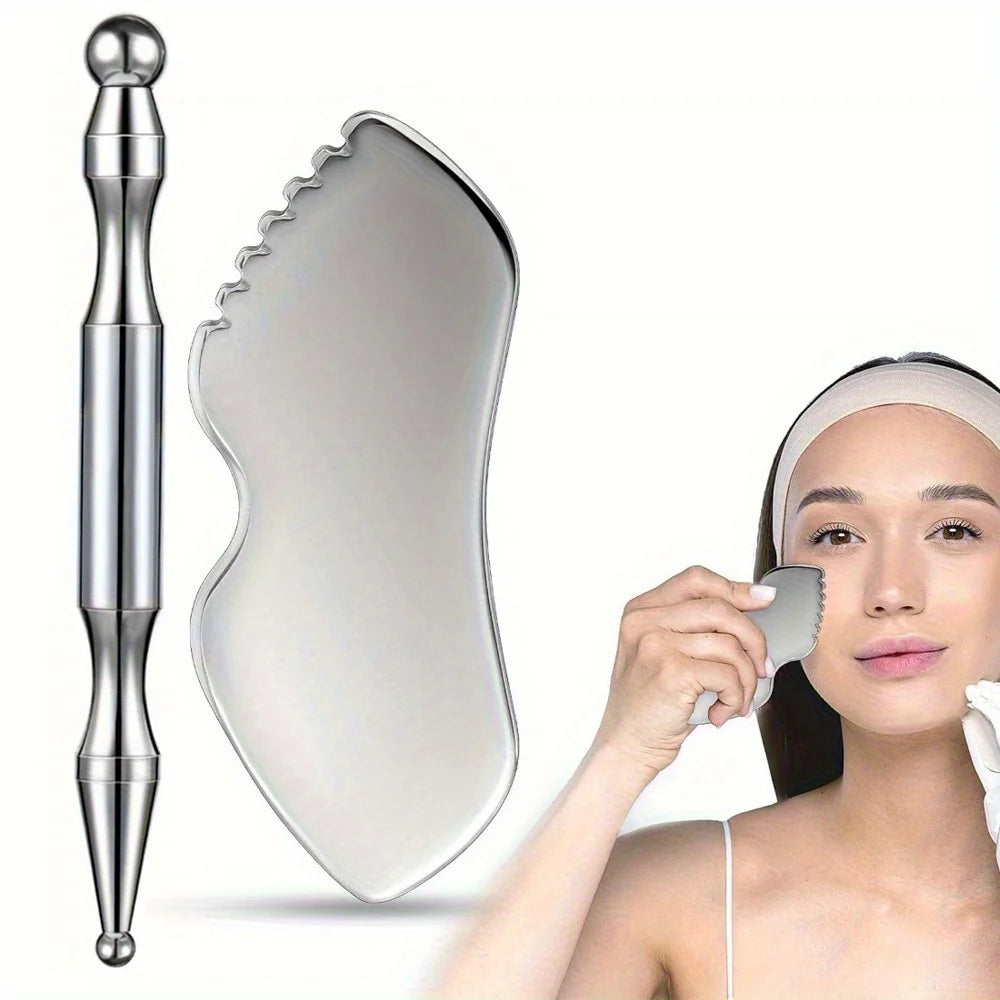 Stainless Steel Gua Sha Facial Tool Set – 2pc Face Sculpting Gua Sha Facial Tool PLUSH SET