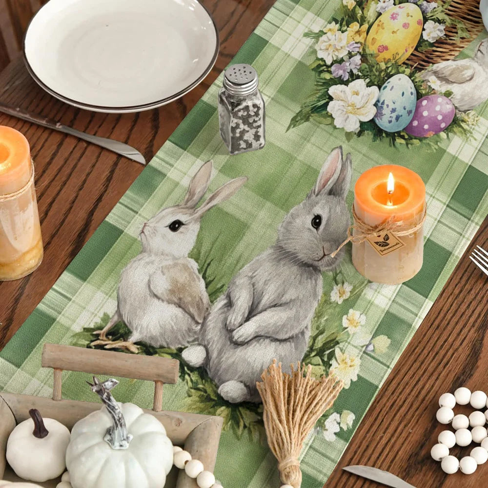Macaron Green Easter Table Runner – Rabbit & Floral Plaid Easter Table Runner PLUSH