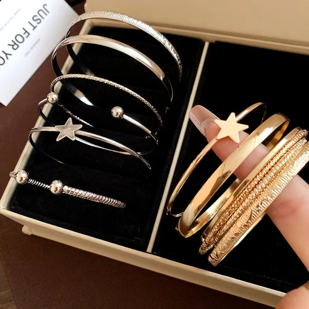 Gold Silver Cuff Bangle Set – Star Pentagram Y2K Bracelets Cuff Bangle Set PLUSH