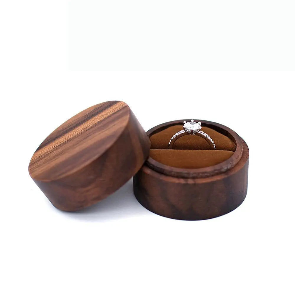 Round Walnut Wood Ring Box – Engagement & Jewelry Gift Case Jewelry Gift Box PLUSH -1