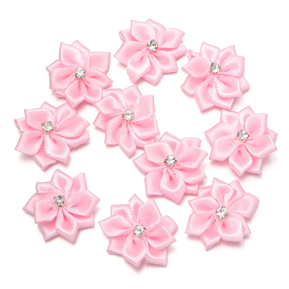 10pcs 3cm Satin Ribbon Flowers Rhinestone 9-Petal DIY Craft Fabric Flower Appliqué PLUSH Light Pink