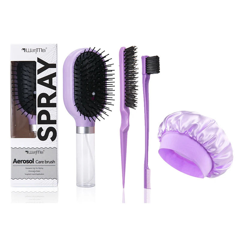 Spray Air Cushion Hair Brush Set – Detangling Comb & Satin Bonnet Hair Brush Set PLUSH purple set