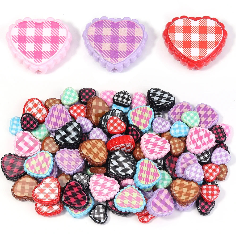 6pcs Chess Grid Heart Acrylic Beads – Colorful DIY Jewelry Acrylic Spacer Beads PLUSH