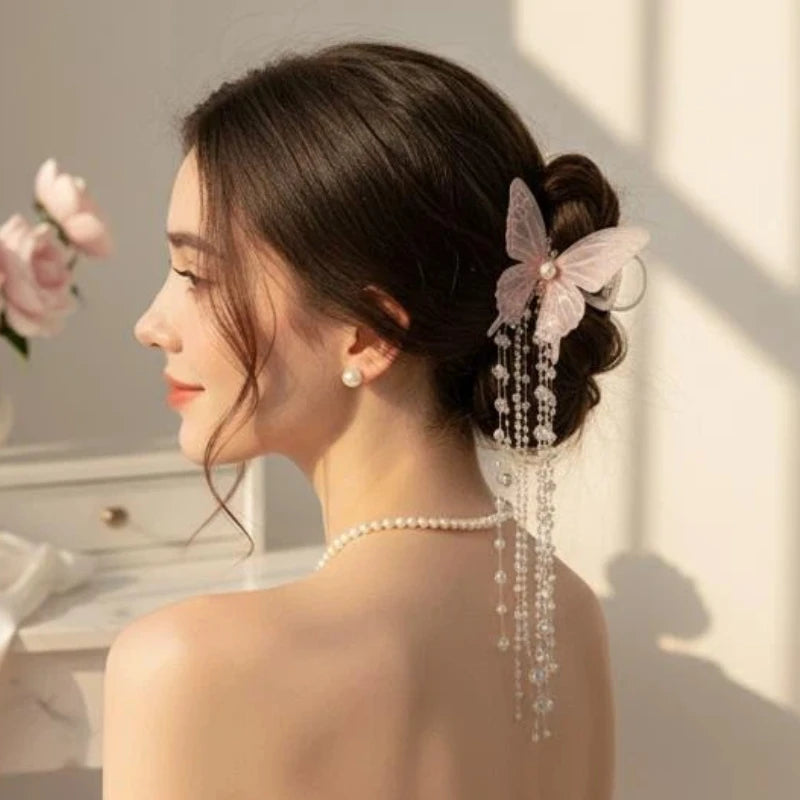 Fairy Butterfly Beaded Tassel Hairpin – Wedding & Party Beaded Hair Clip PLUSH