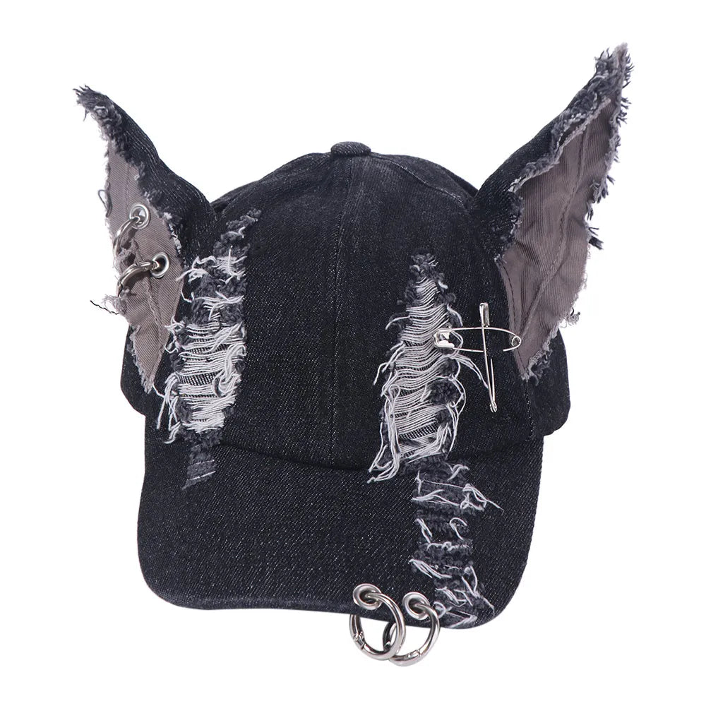 Y2K Bunny Ears Ripped Denim Snapback Cap – Punk Retro Hat Snapback Cap PLUSH