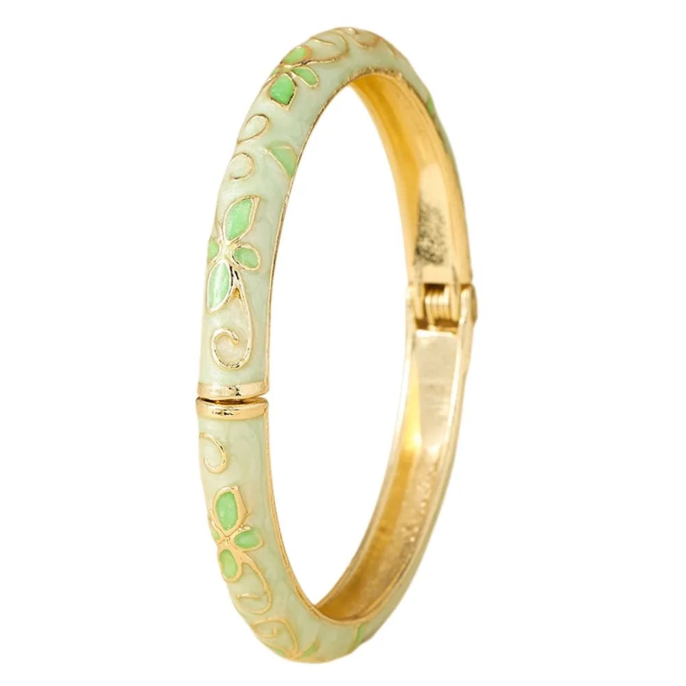 Colorful Cloisonné Enamel Floral Bangle – Vintage Chinese Style Enamel Bangle Bracelet PLUSH Light Green