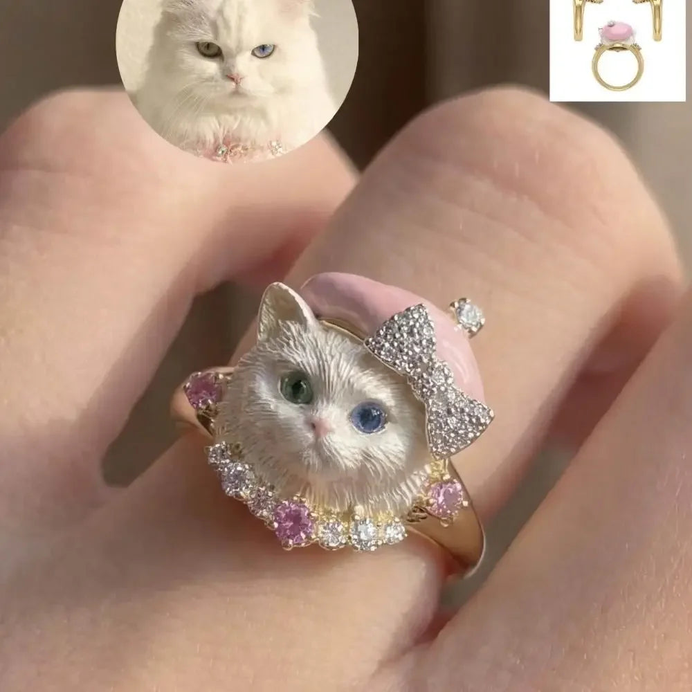 Cute Animal Head Rhinestone Adjustable Ring – Kitten & Dog Fashion Ring PLUSH