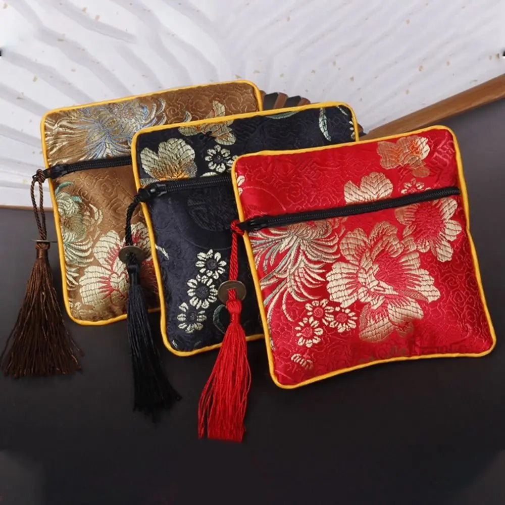 Embroidered Floral Coin Pouch | Tassel Jewelry & Makeup Bag Embroidered Coin Pouch PLUSH