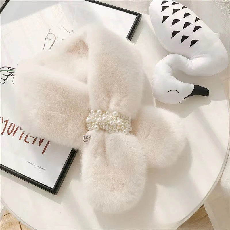 Women's Faux Rabbit Fur Scarf with Pearl Accents | Neck Warmer Faux Fur Scarf PLUSH White 1PC