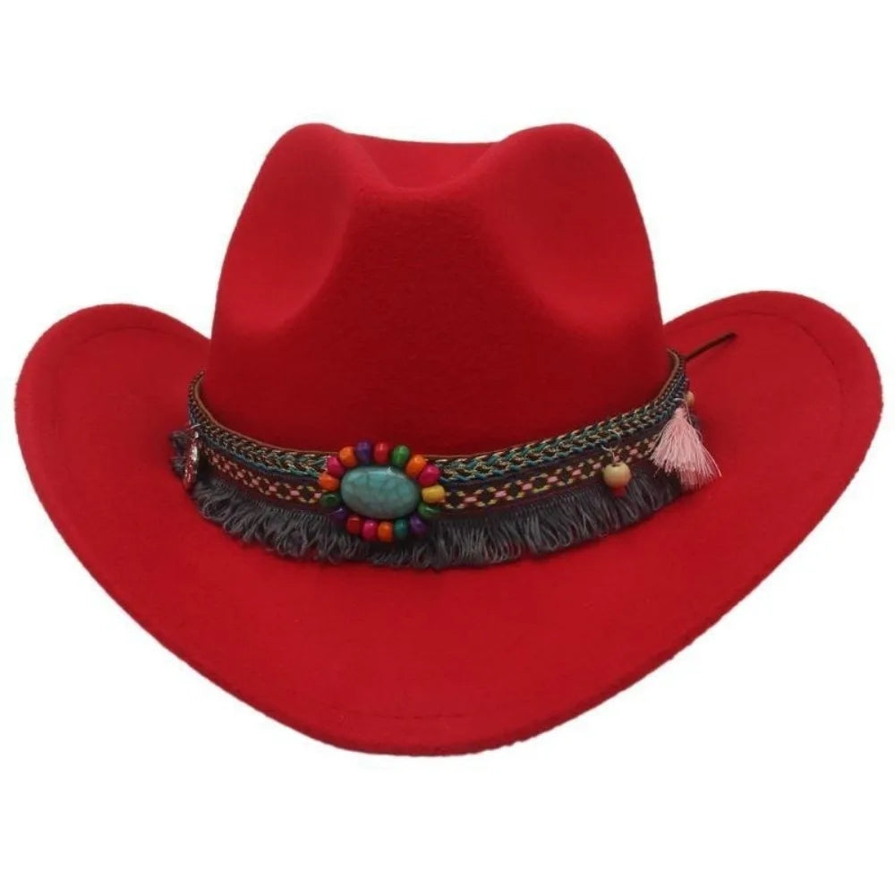 Wide Brim Western Cowboy Hat with Tassels – Unisex Cosplay Western Cowboy Hat PLUSH Red