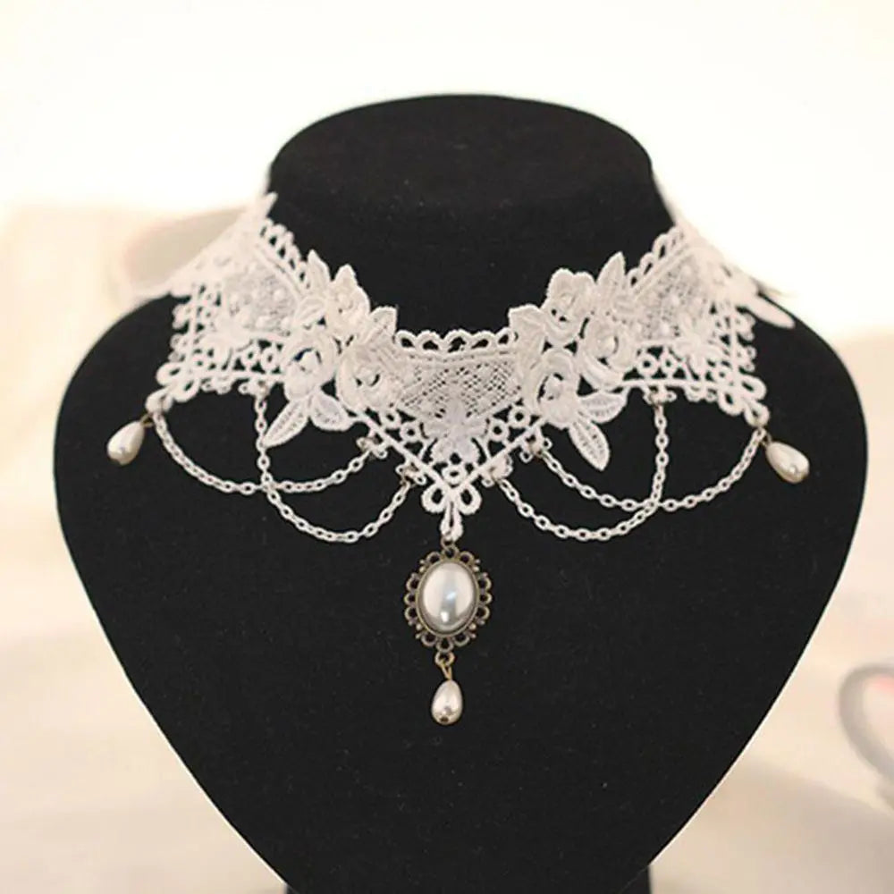 Punk Lace Pearl Choker Necklace – Bridal Wedding Jewelry Choker Necklace PLUSH white
