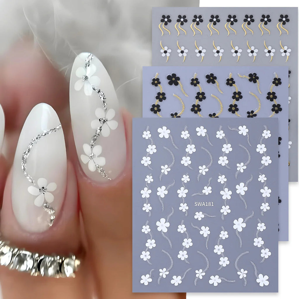 3D Floral Nail Glitter Stickers – Black White Gold Silver Decals Nail Art Stickers PLUSH