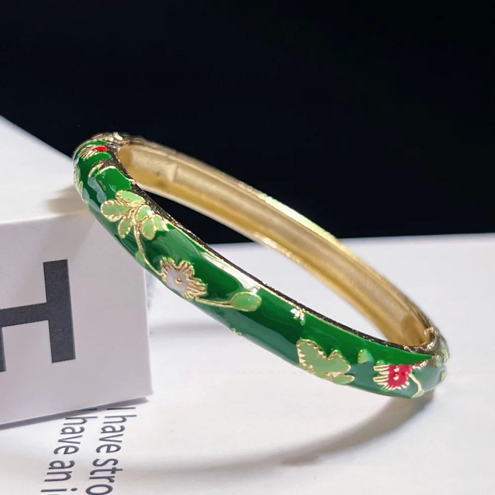 Chinese Cloisonné Enamel Peony Bangle – Vintage Filigree Bracelet Enamel Bangle Bracelet PLUSH emerald green