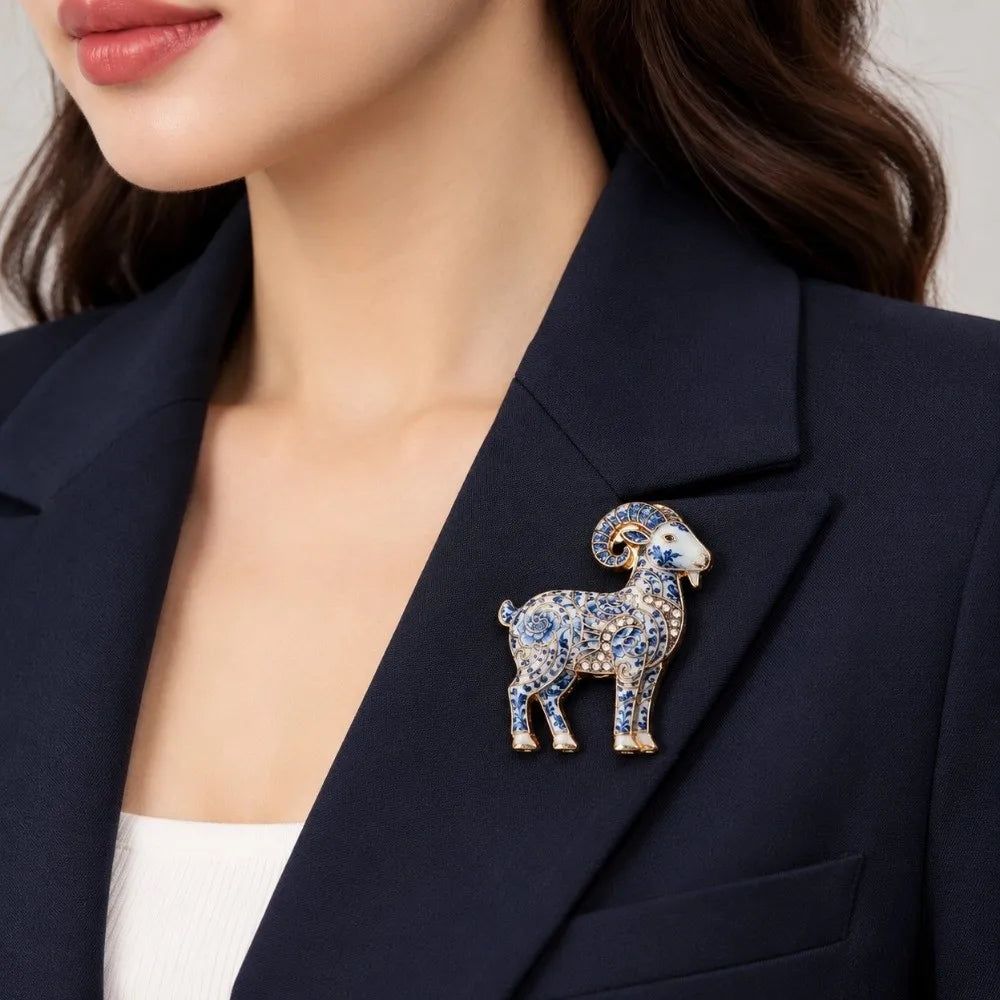 Goat Enamel Rhinestone Brooch – Vintage Animal Lapel Pin Enamel Brooch Pin PLUSH