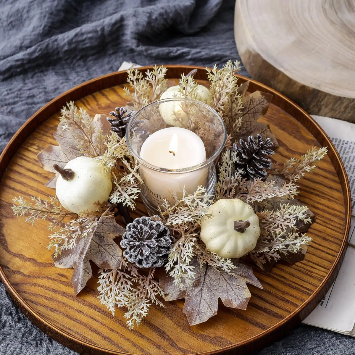 Fall Candle Ring Wreath – Artificial Maple Leaves Harvest Decor Candle Ring Wreath PLUSH