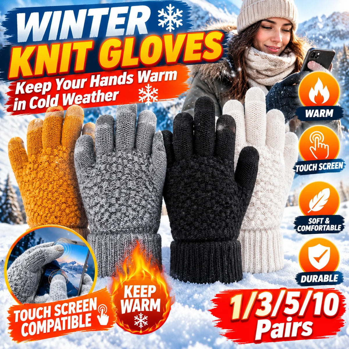 Winter Touch Screen Gloves – Warm Knit Mittens Unisex Winter Knit Gloves PLUSH