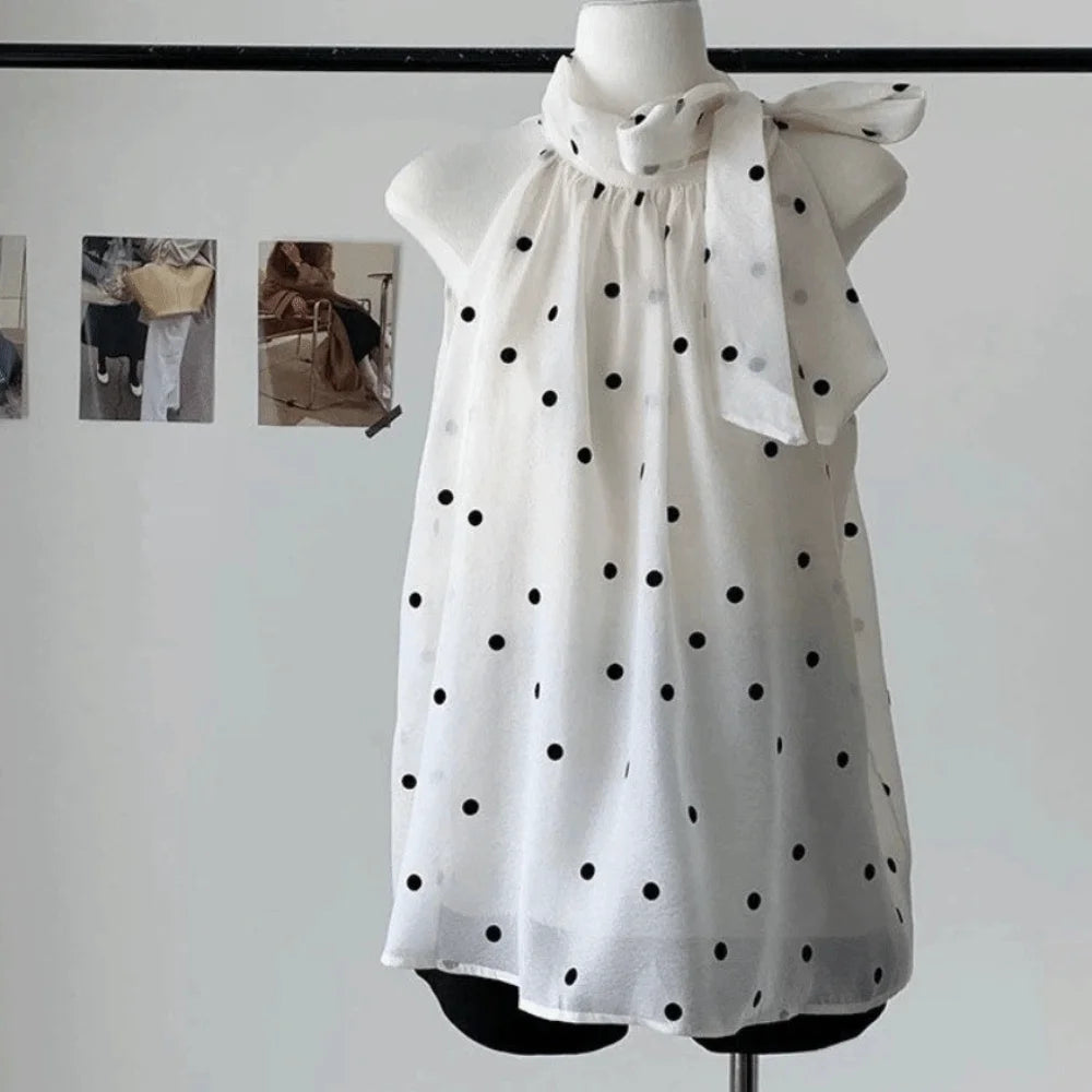 Women's Y2K Polka Dot Bow Sleeveless Chiffon Top | Retro Shirt Sleeveless Chiffon Top PLUSH