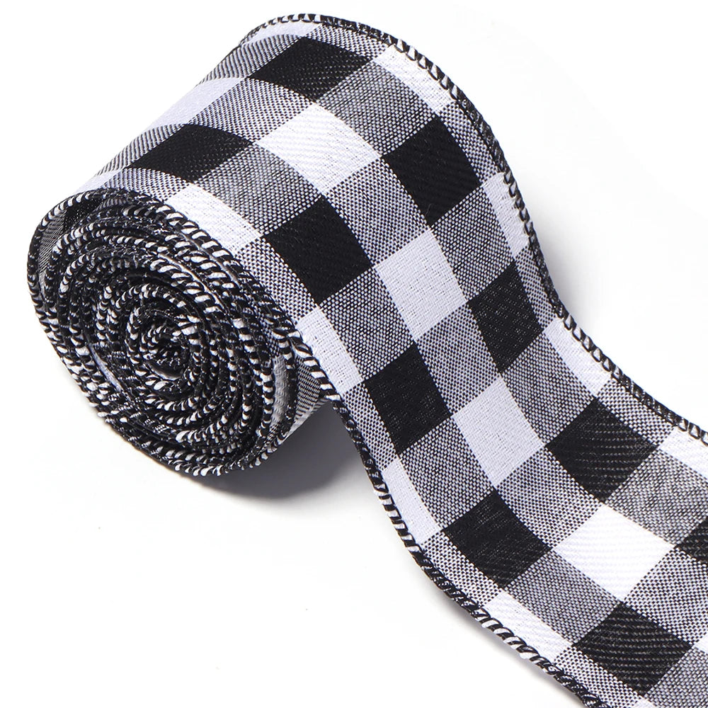 3 Yards Plaid Linen Ribbon for DIY Gift Wrapping & Bows Craft Ribbon PLUSH black white 3yards