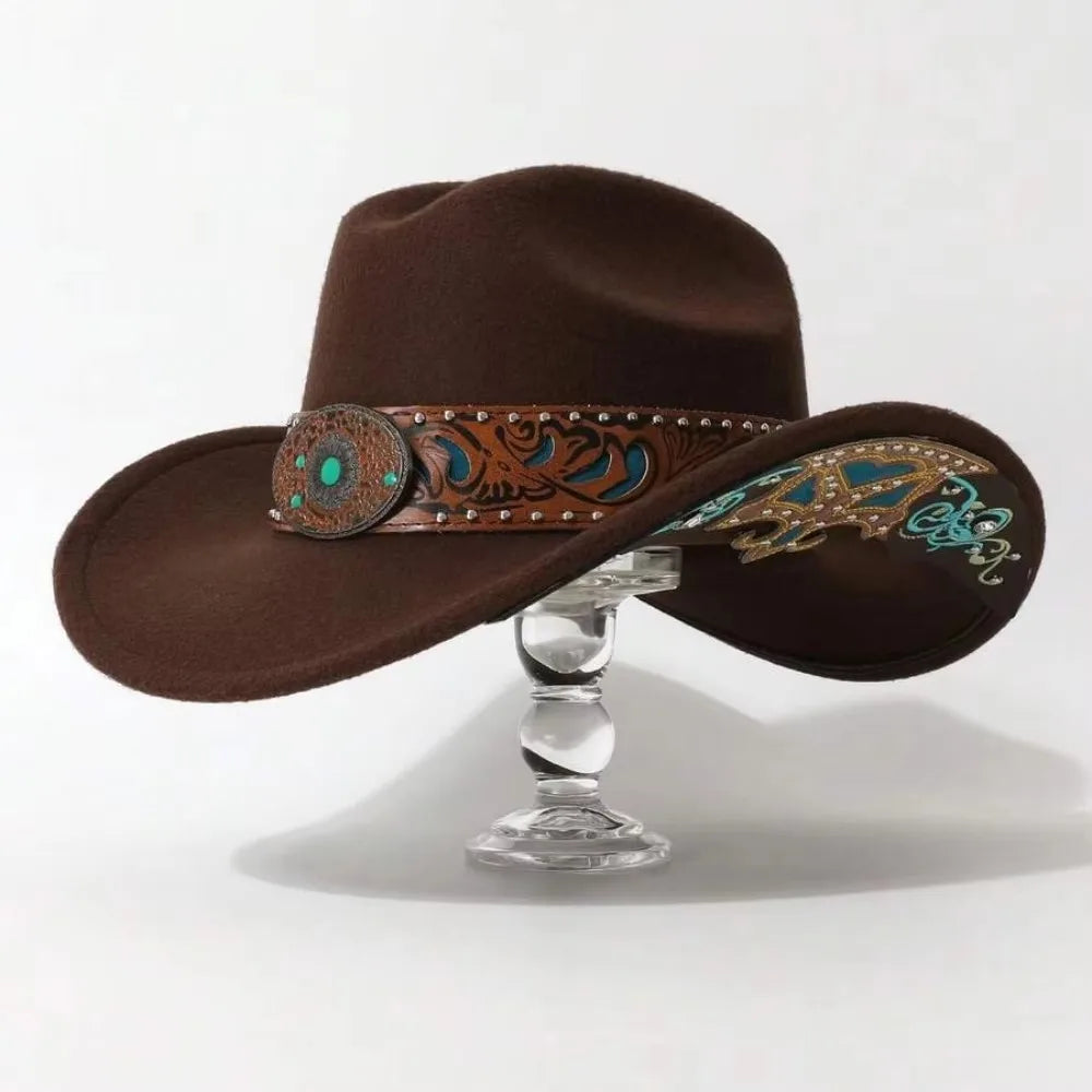 Western Cowboy Hat Turquoise Decor Wide Brim Cowgirl Fedora Western Cowgirl Hat PLUSH Coffee