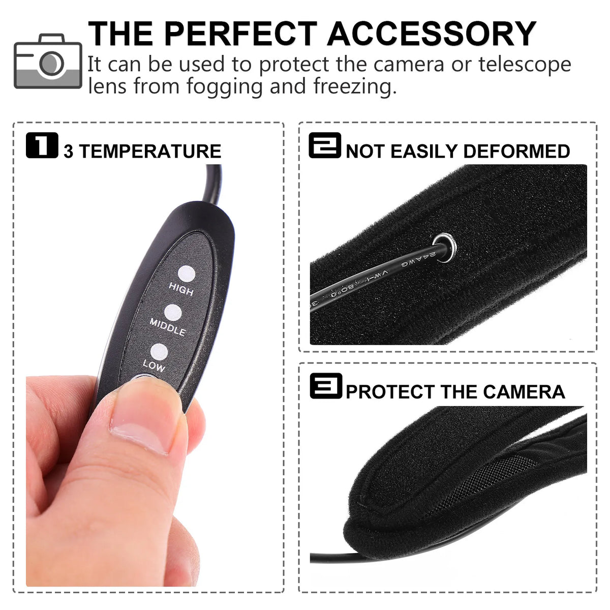 USB Lens Heater Warmer Strip – 3-Level Temp Anti-Fog Guard Camera Lens Heater PLUSH