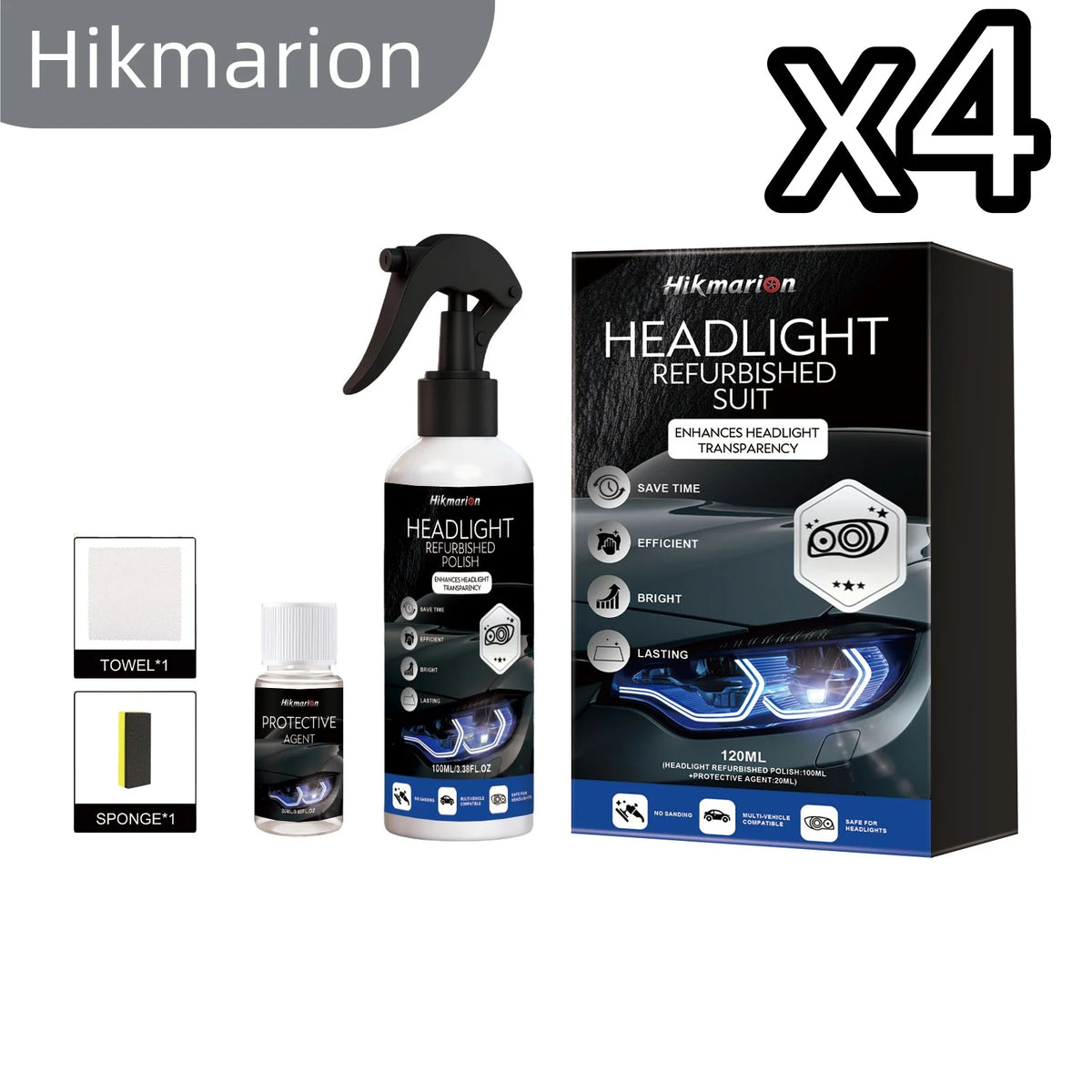 Hikmarion Headlight Restoration Kit – Polish & Lens Cleaner Headlight Restoration Kit PLUSH 4SET