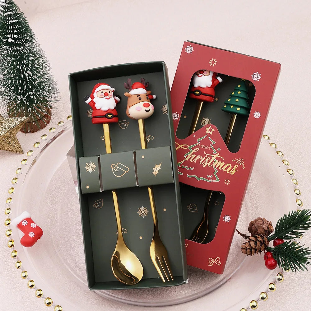 Santa Spoon & Fork Set – Christmas Holiday Dessert Tableware Holiday Flatware Set PLUSH