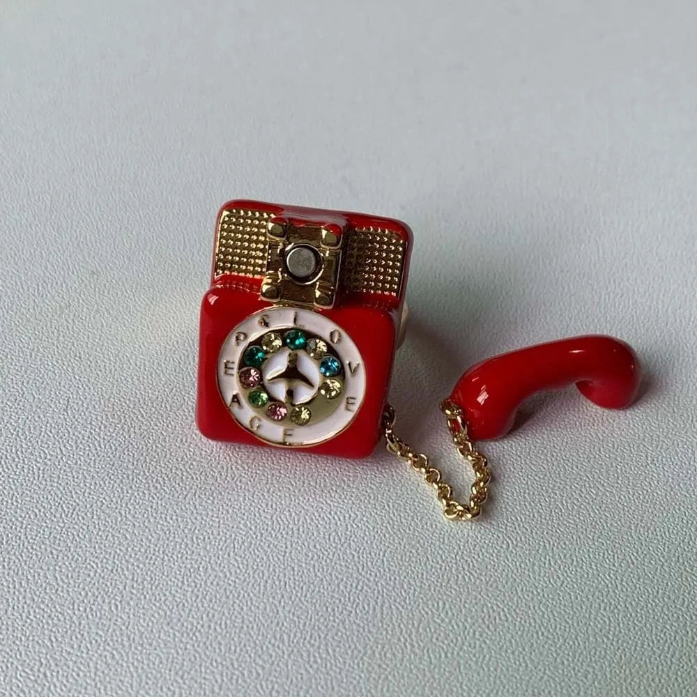 Vintage Enamel Telephone Ring | Magnetic Open Split Alloy Ring Enamel Fashion Ring PLUSH Red