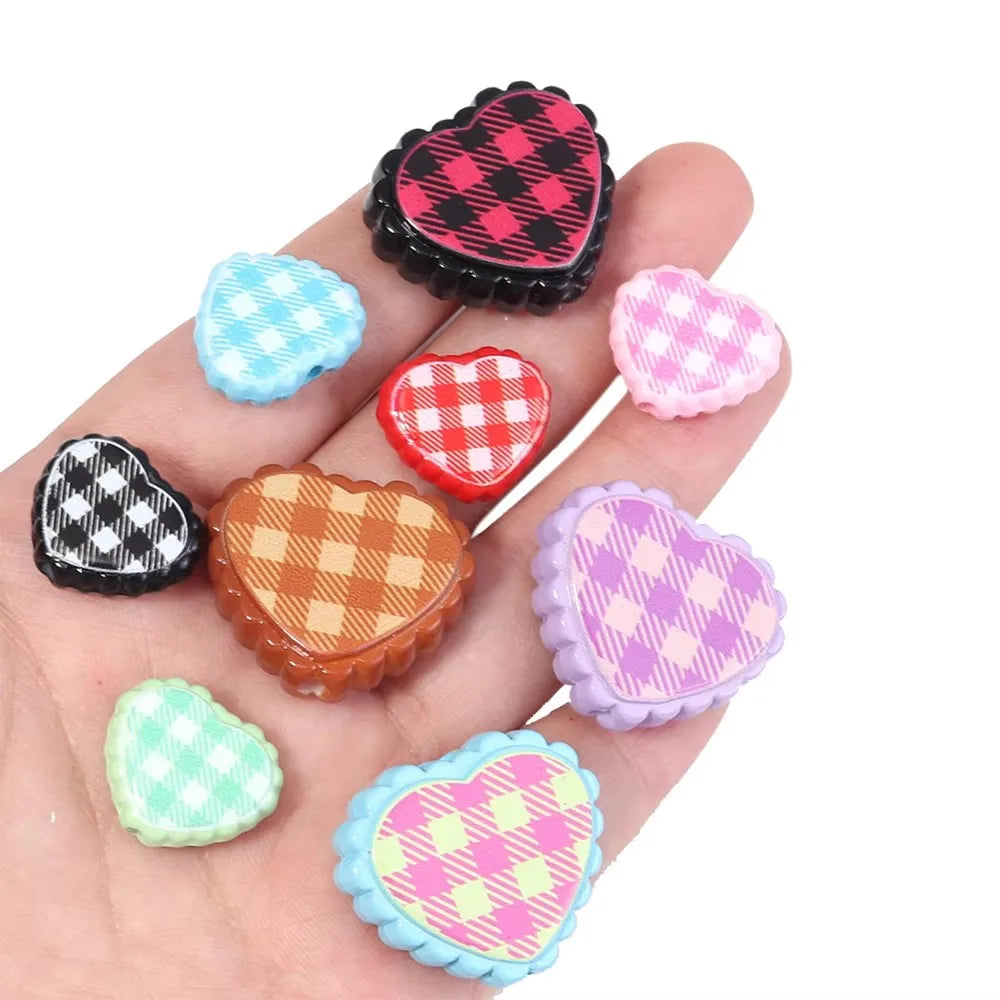 6pcs Plaid Heart Acrylic Spacer Beads – Colorful DIY Jewelry Acrylic Spacer Beads PLUSH